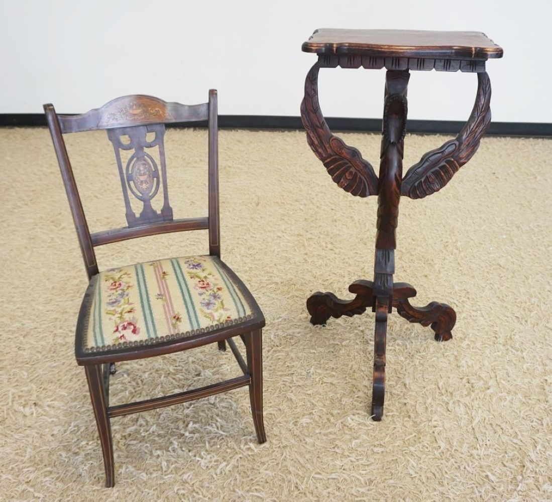 WALNUT PEDESTAL & SIDE CHAIR: WALNUT PEDESTAL W/WINGED GRIFFITH BASE & INLAID VICTORIAN SIDE CHAIR W/UPHOLSTERED SEAT, PEDESTAL APPROXIMATELY 16 IN X 11 IN X 36 IN HIGH