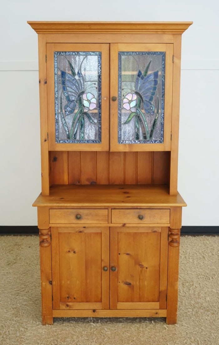 PINE CABINET WITH STAIN GLASS DOORS (1 of 4)