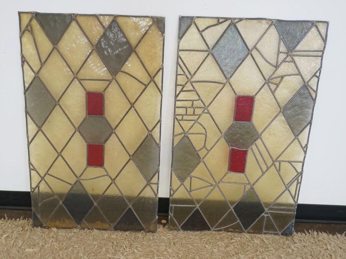 MODERN STYLE STAIN GLASS WINDOWS: MODERN STYLE STAIN GLASS GEOMETRIC WINDOWS, EACH APPROXIMATELY 22 IN X 37 IN