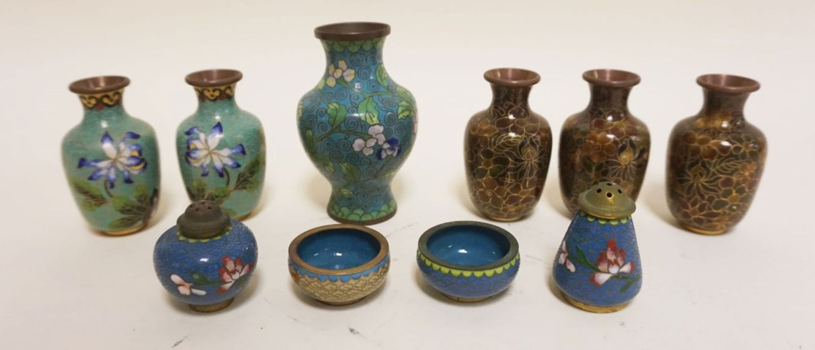 GROUP OF ASSORTED CLOISONNE VASES, SALTS (1 of 4)
