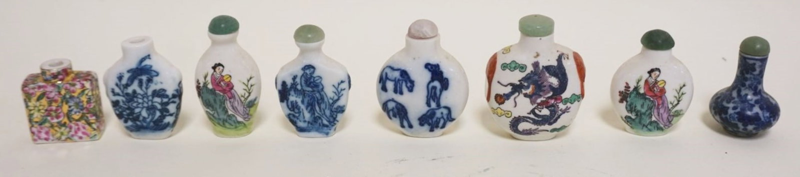 GROUP OF 8 PORCELAIN SNUFF BOTTLES: GROUP OF 8 PORCELAIN SNUFF BOTTLES, 2 W/TOPS MISSING