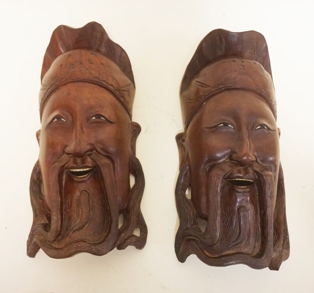 PAIR OF WOOD CARVED ASIAN MASKS: PAIR OF WOOD CARVED ASIAN MASKS W/INSET SHELL EYES & TEETH, EACH APPROXIMATELY 12 IN