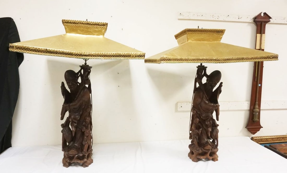 MASSIVE CARVED WOODEN ASIAN FIGURAL TABLE LAMPS (1 of 8)