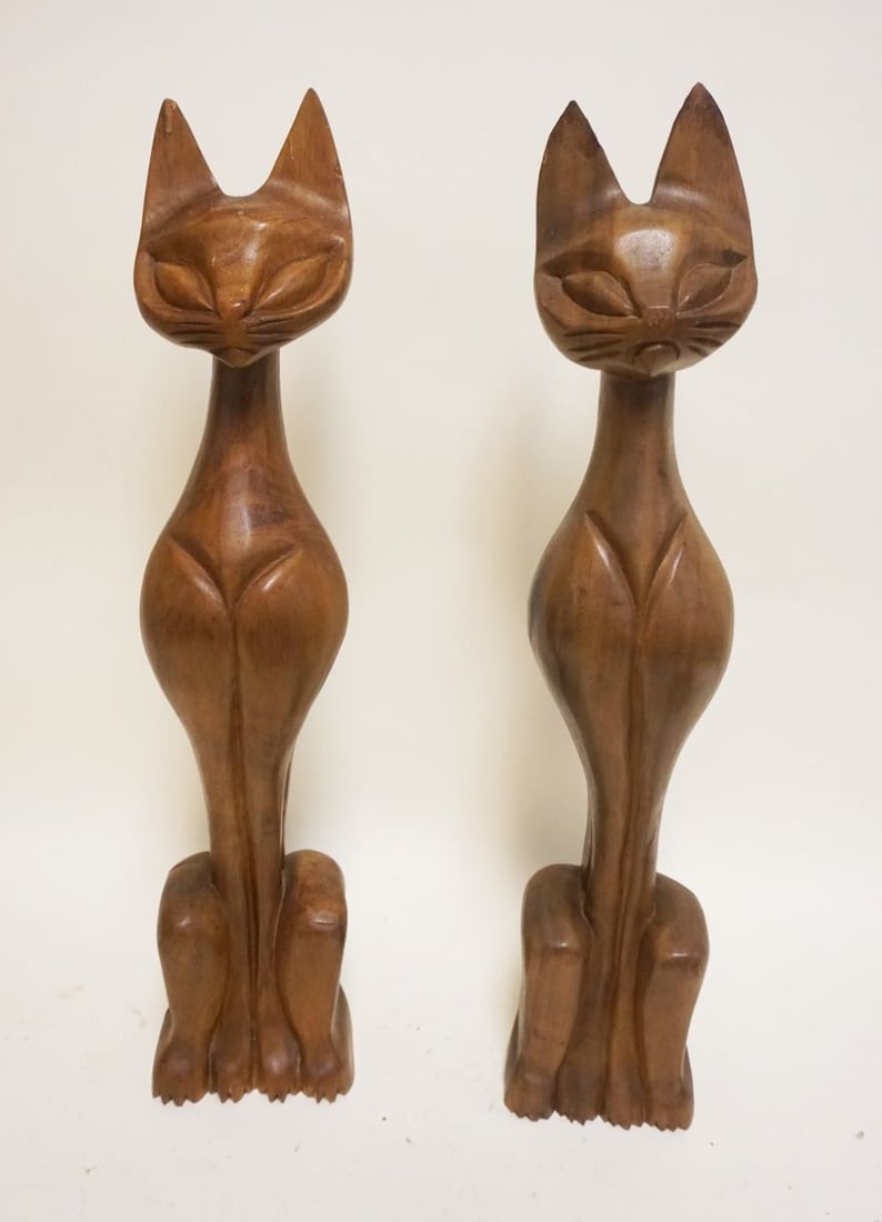 LARGE CARVED WOOD SIAMESE CATS: LARGE CARVED WOOD SIAMESE CATS, EACH APPROXIMATELY 25 IN HIGH