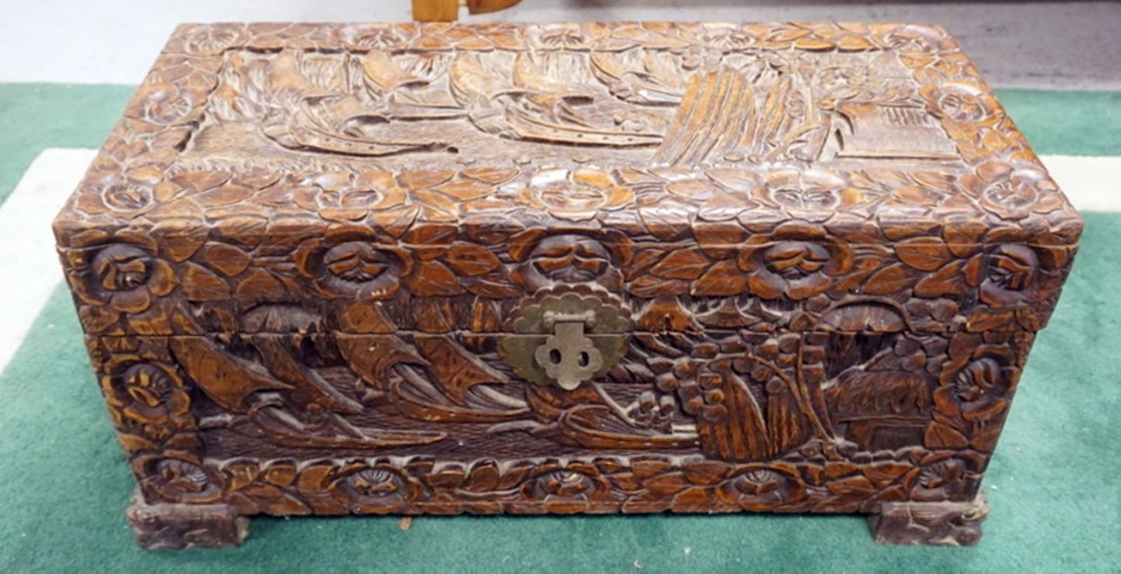 HEAVILY CARVED ASIAN WOOD STORAGE CHEST (1 of 5)