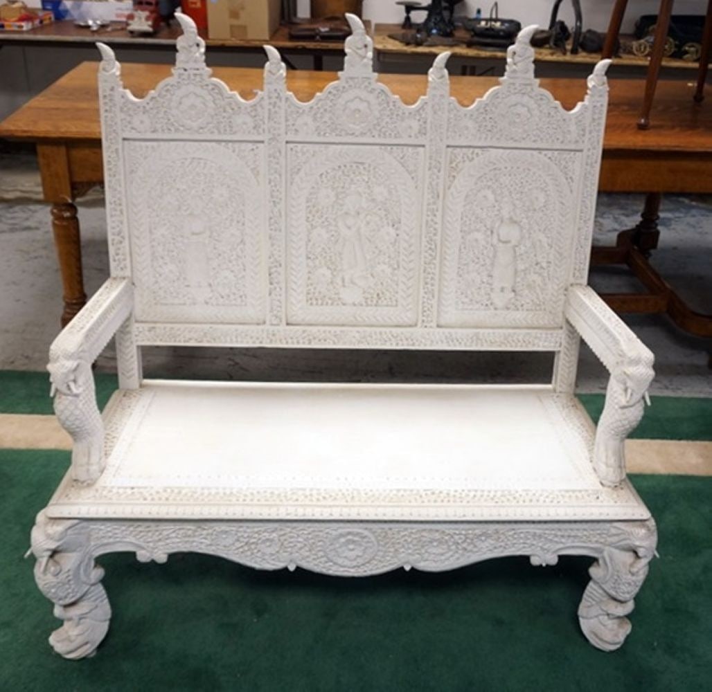 WHITE PAINTED ASIAN CARVED BENCH (1 of 8)