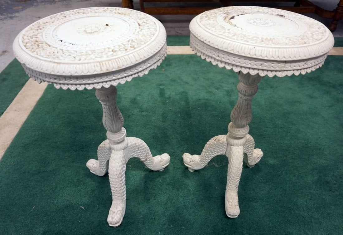 WHITE PAINTED ASIAN CARVED WOODEN ROUND TABLES (1 of 4)