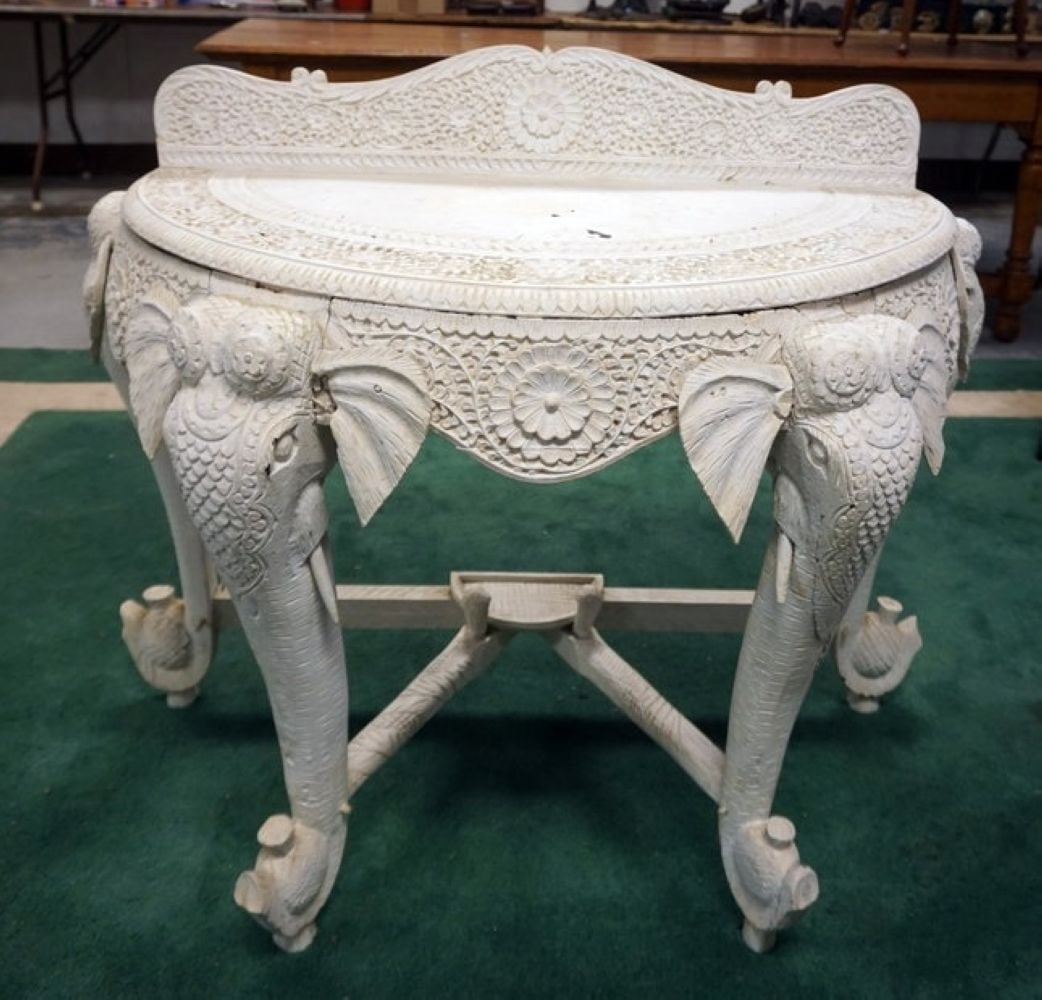 ASIAN WHITE PAINTED CARVED WOODEN DEMILUNE (1 of 4)