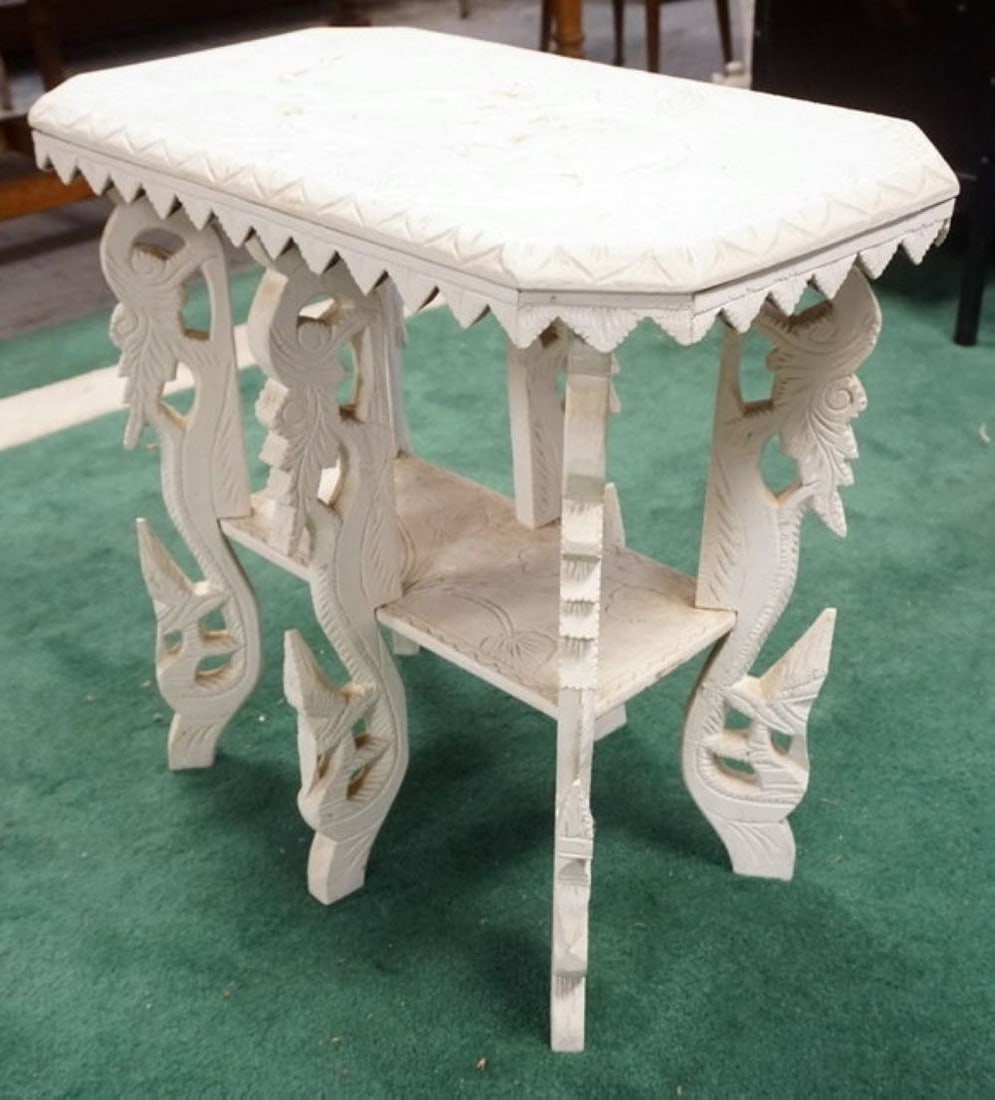 WHITE PAINTED CARVED WOODEN ASIAN STAND (1 of 4)