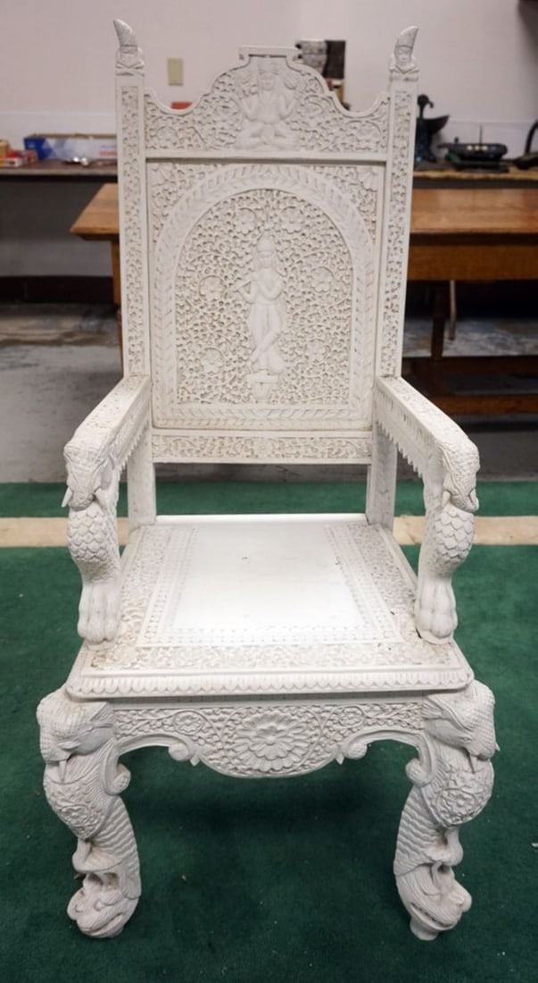 WHITE PAINTED CARVED WOODEN ASIAN ARMCHAIR (1 of 5)