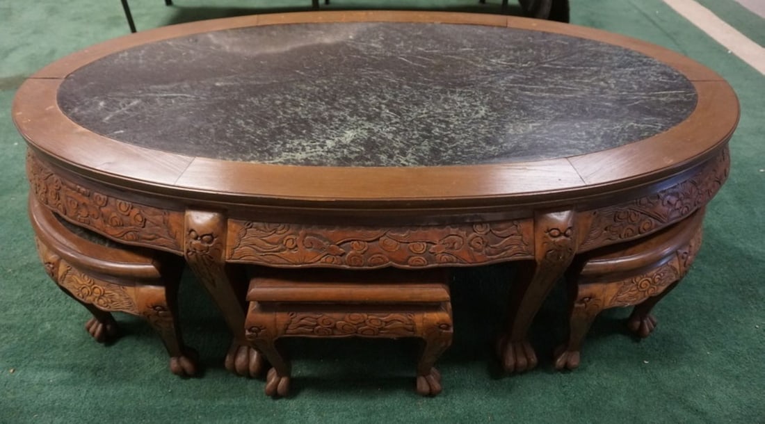 ASIAN CARVED WOOD TABLE W/ BENCHES (1 of 4)