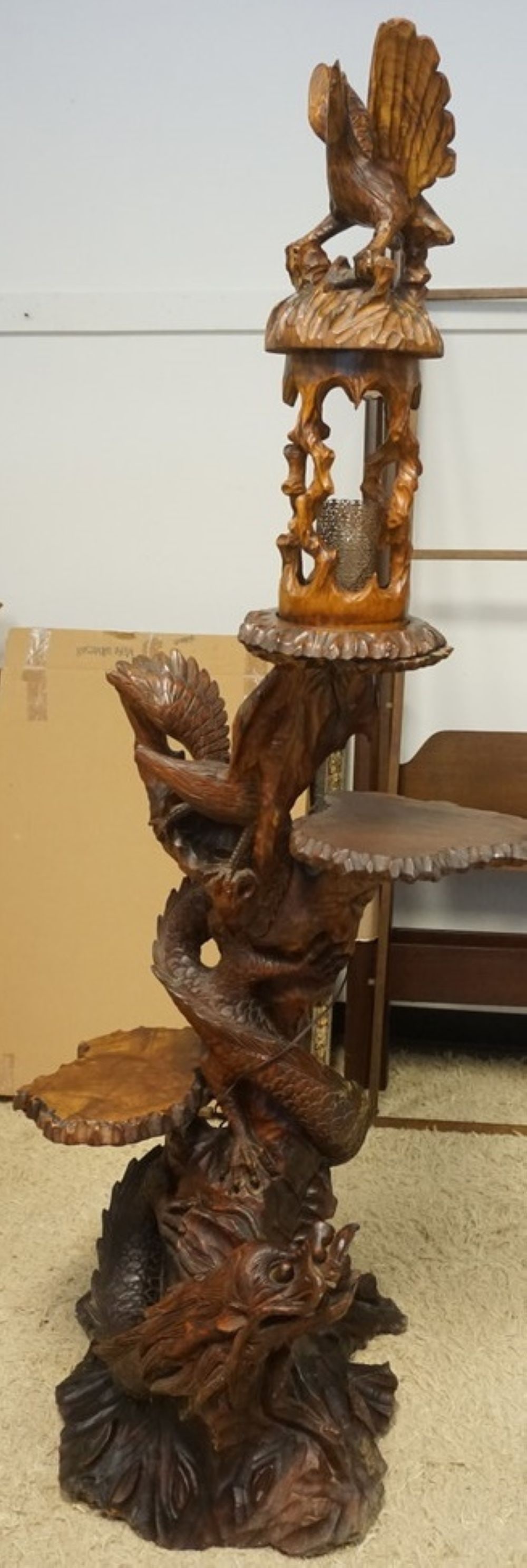 LARGE ASIAN WOOD CARVED FLOOR LAMP (1 of 6)