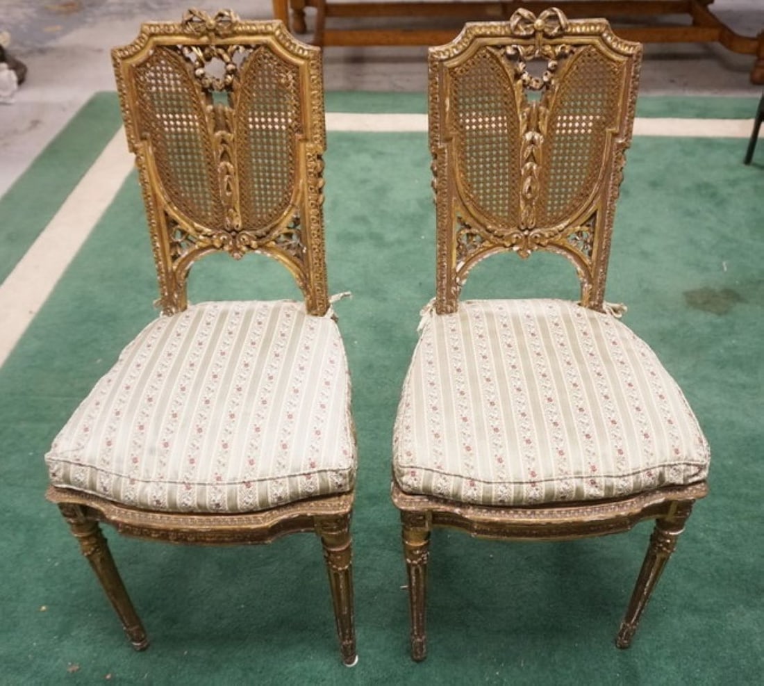 PAIR OF ANTIQUE ITALIAN GILT FINISHED SIDE CHAIRS: PAIR OF ANTIQUE ITALIAN GILT FINISHED SIDE CHAIRS W/CANE BACK & SEATS, WEAR TO FINISH