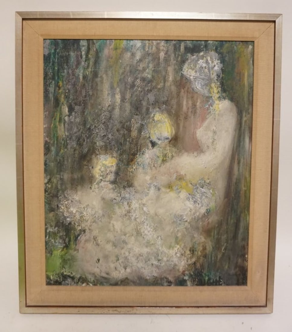 UGEHELLO OIL PAINTING: OIL PAINTING ON CANVAS, IMPRESSIONIST TITLED *STORY TIME AND THEN THERE WAS A PRINCE* WOMAN READING TO CHILDREN, BY UGEHELLO, APPROXIMATELY 24 1/2 IN X 28 1/2 IN OVERALL