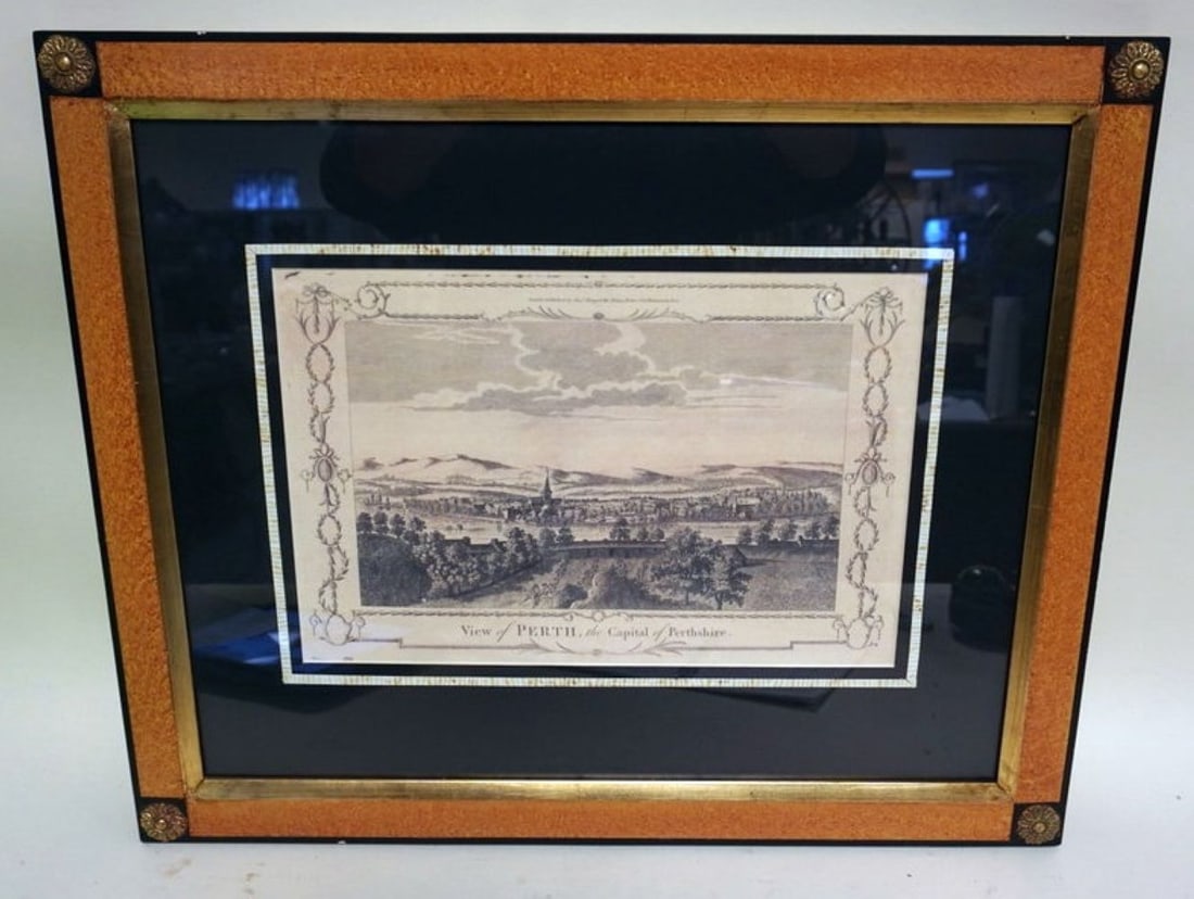 CONTEMPORARY *VIEW OF PERTH*: CONTEMPORARY FRAMED COPY OF ANTIQUE ENGRAVING *VIEW OF PERTH*, APPROXIMATELY 21 1/2 IN X 25 1/4 IN OVERALL