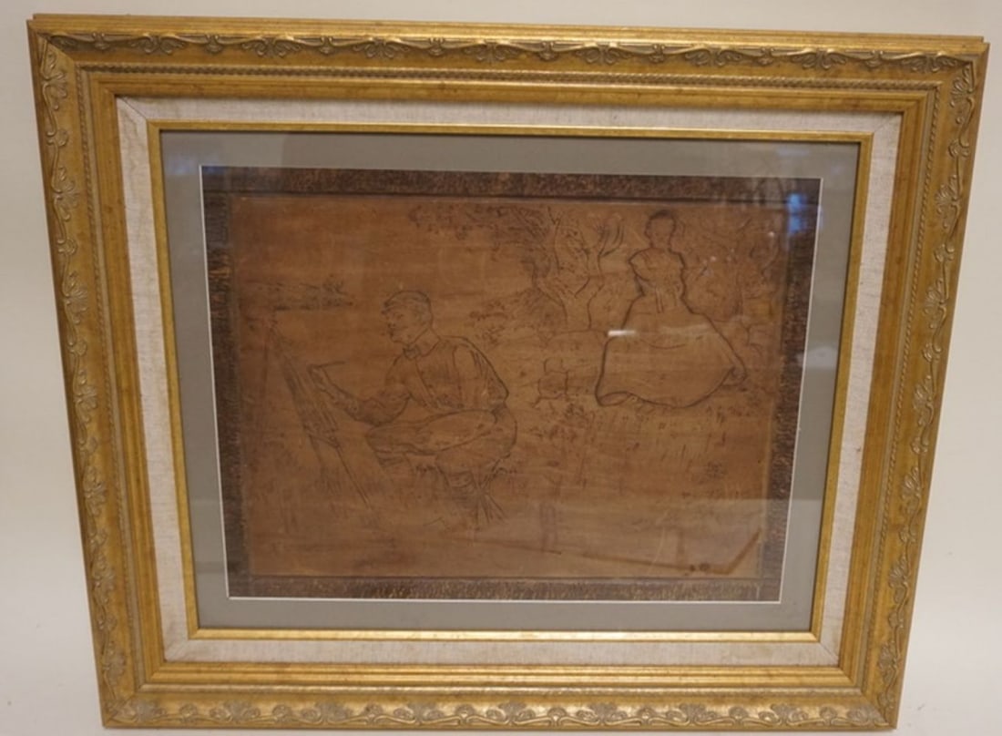FRMED VICTORIAN PYOGRAPHY: FRAMED VICTORIAN PYOGRAPHY UNDER GLASS, IMAGE OF ARTIST AT EASLE PAINTING A WOMAN, APPROXIMATELY 21 IN X 25 IN OVERALL