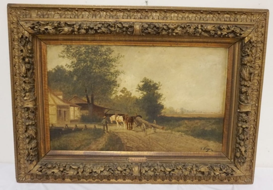LUDWIG FUGER GERMAN OIL PAINTING: LUDWIG FUGER GERMAN 19TH CENTURY OIL PAINTING ON CANVAS, IMAGE OF MAN WITH HORSES PULLING A CART WITH LOGS, APPROXIMATELY 27 IN X 38 IN OVERALL