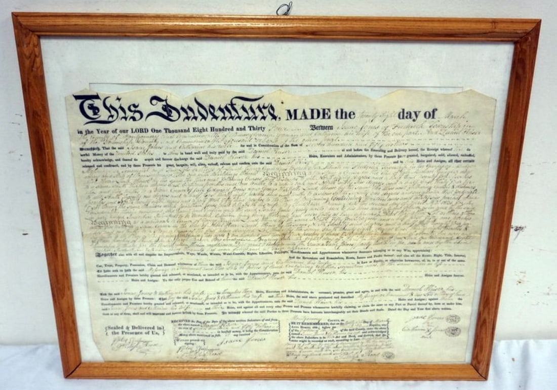 1834 INDENTURE MONTGOMERY CO: FRAMED 1834 INDENTURE, MONTGOMERY CO. APPROXIMATELY 18 IN X 22 IN