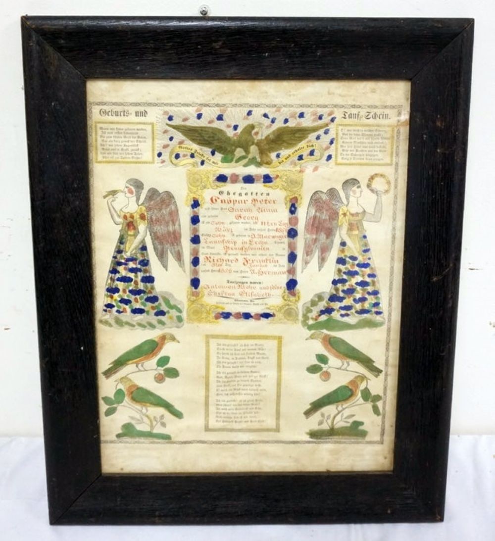 1856 PENNSYLVANIA DUTCH BIRTH CERTIFICATE (1 of 2)