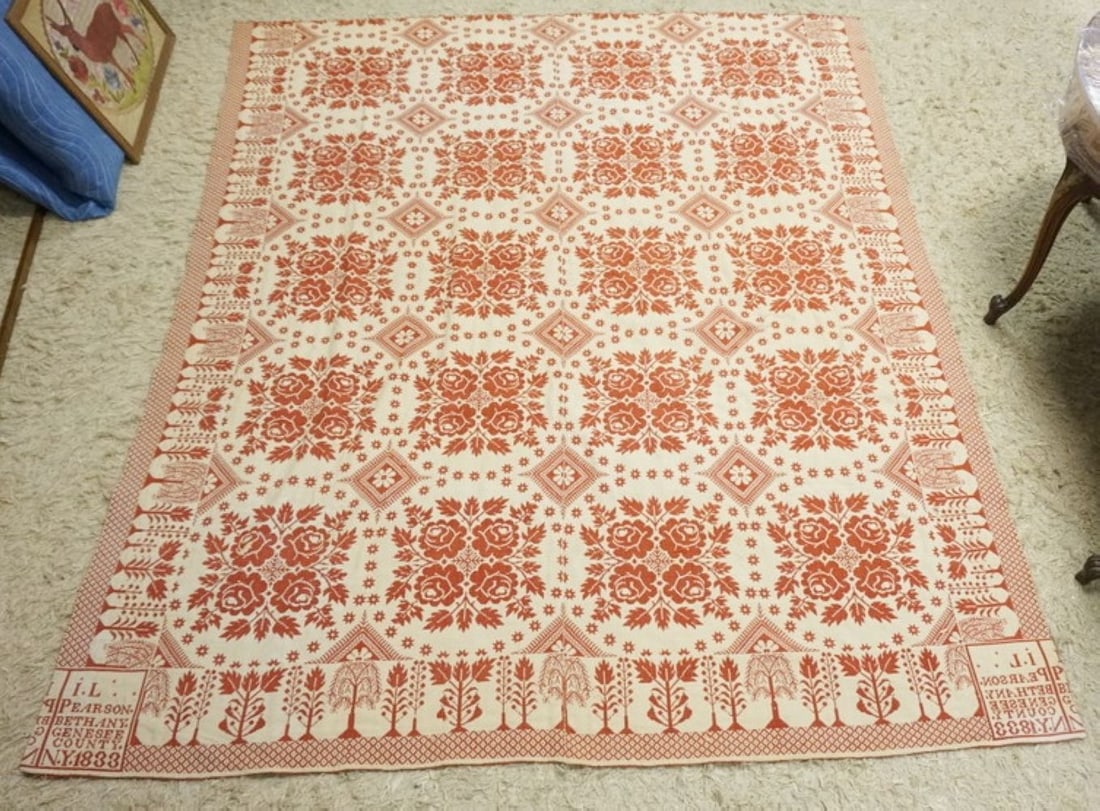 ANTIQUE RED AND WHITE COVERLET 1833 (1 of 4)