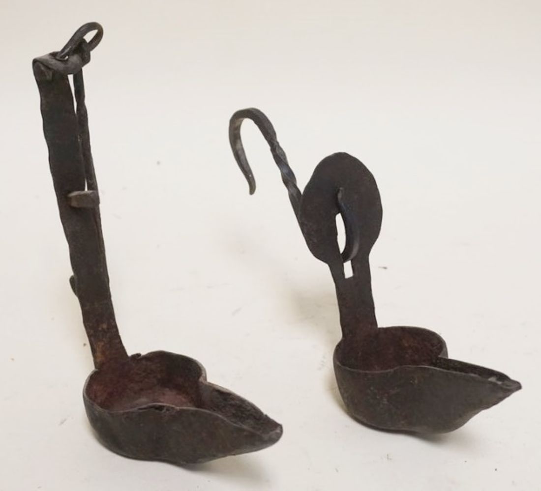 ANTIQUE METAL BETTY LAMPS: 2 ANTIQUE METAL BETTY LAMPS