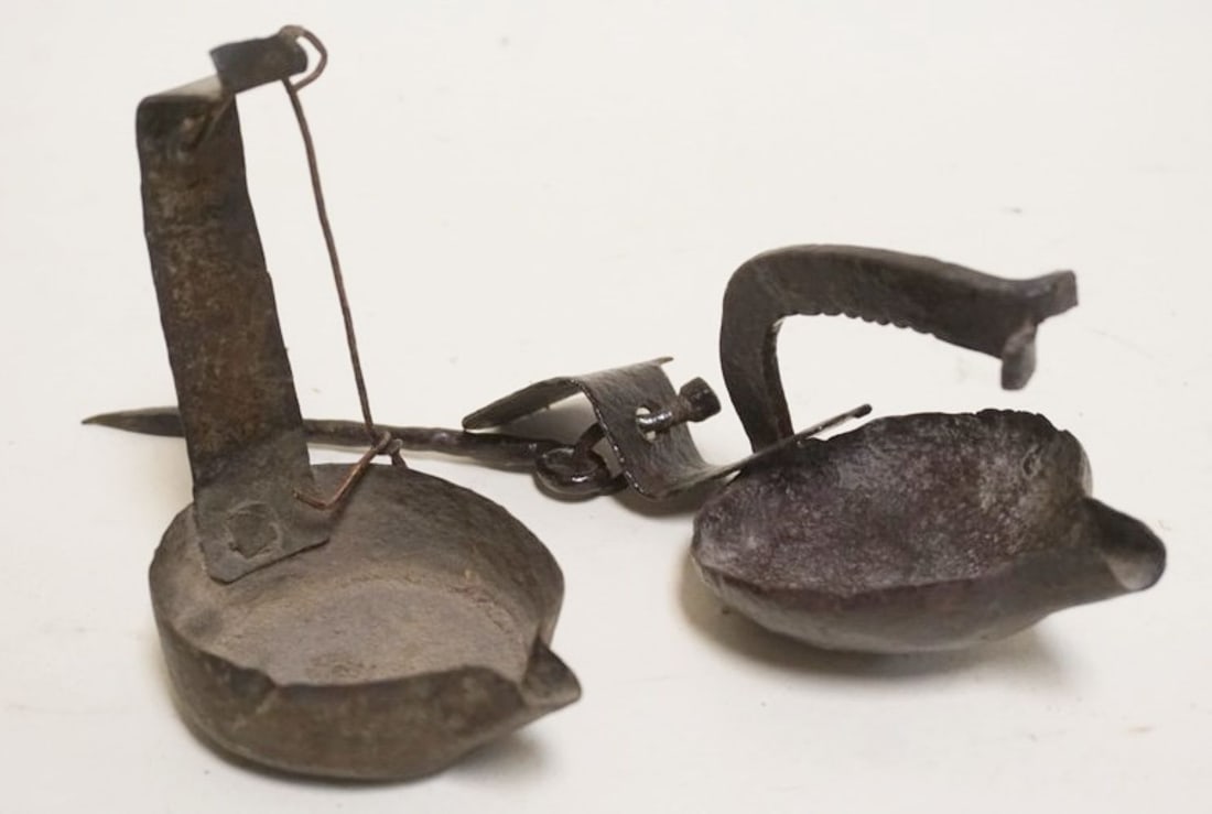 ANTIQUE METAL BETTY LAMPS: 2 ANTIQUE METAL BETTY LAMPS