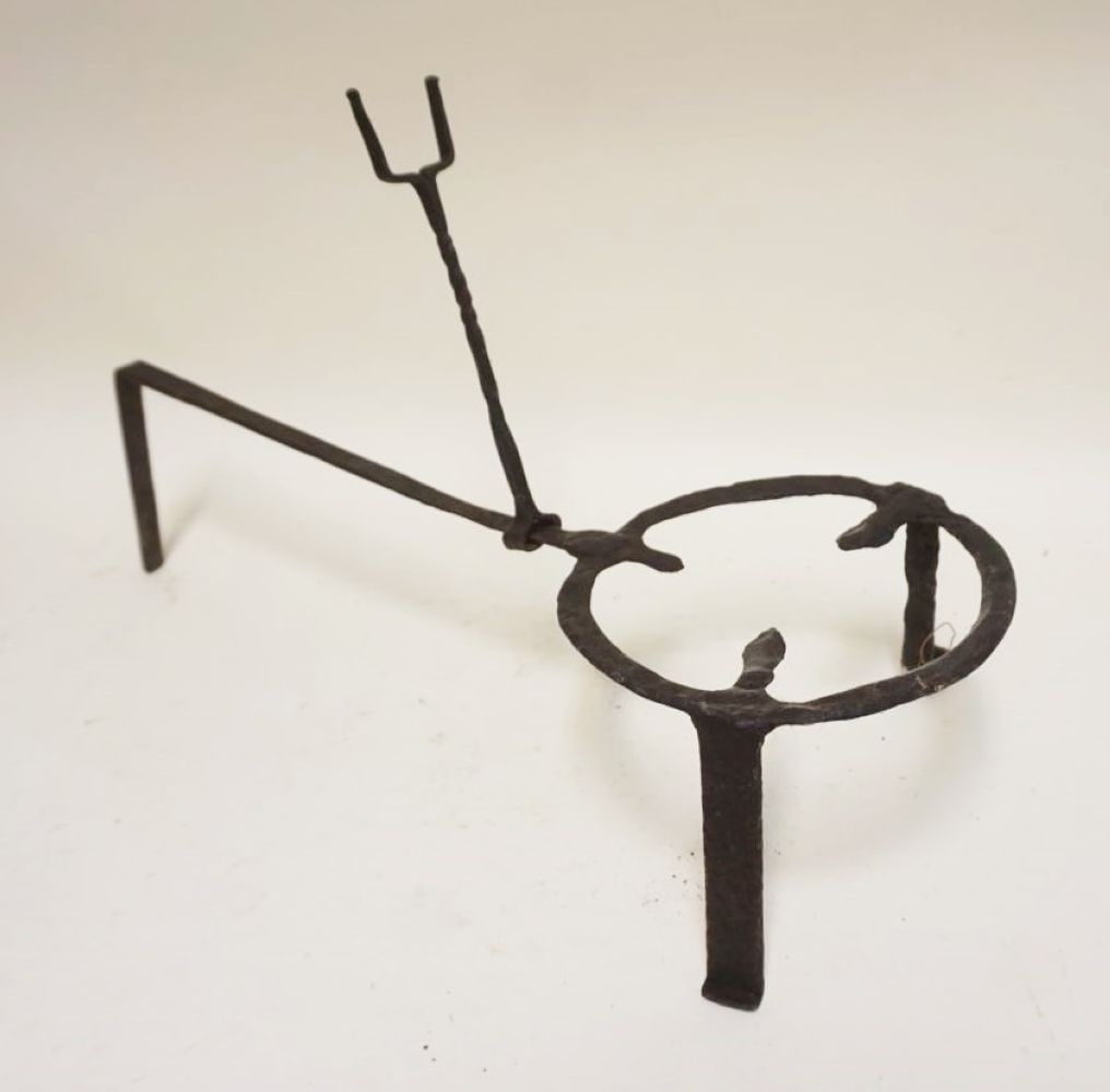 PRIMITIVE WROUGHT IRON TRIVIT: PRIMITIVE WROUGHT IRON TRIVIT W/ATTACHED HOLDER, APPROXIMATELY 9 IN X 23 IN X 14 IN HIGH