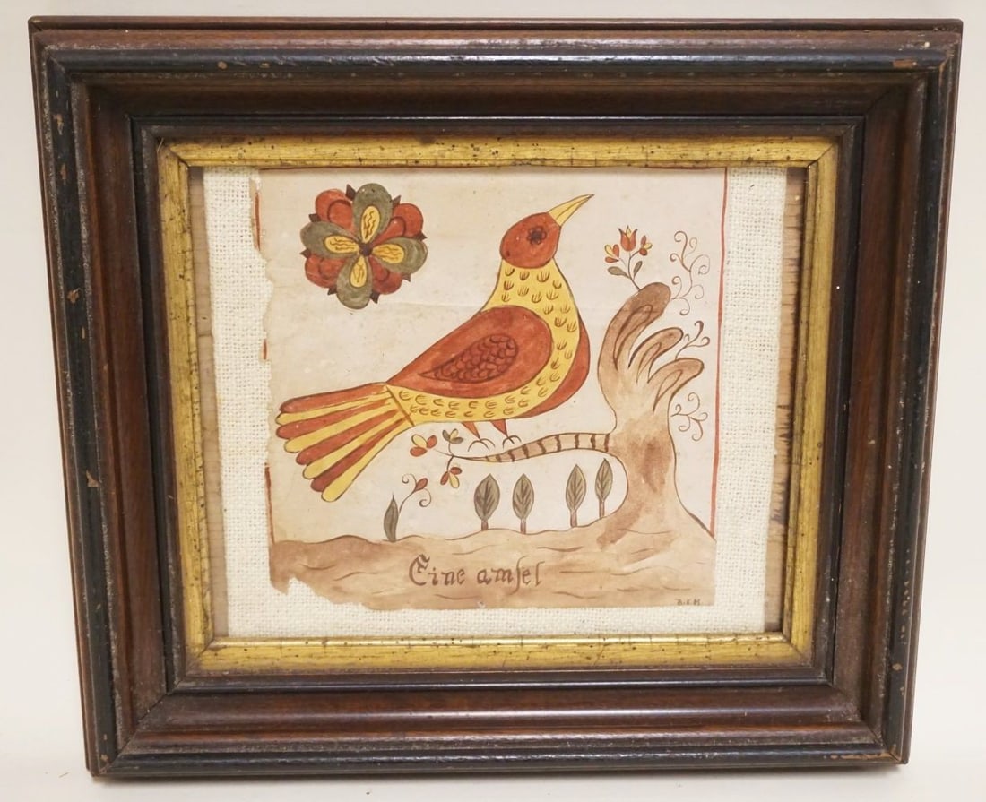PRIMITIVE HAND COLORED PEN & INK DRAWING: PRIMITIVE HAND COLORED PEN & INK DRAWING OF A BIRD ON BRANCH, SOME LOSS TO EDGES, APPROXIMATELY 11 IN X 12 IN OVERALL