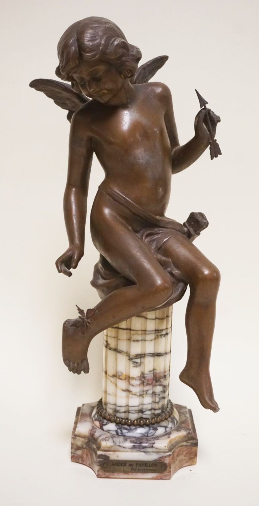 CAST METAL WINGED CUPID ON MARBLE PEDESTAL (1 of 6)