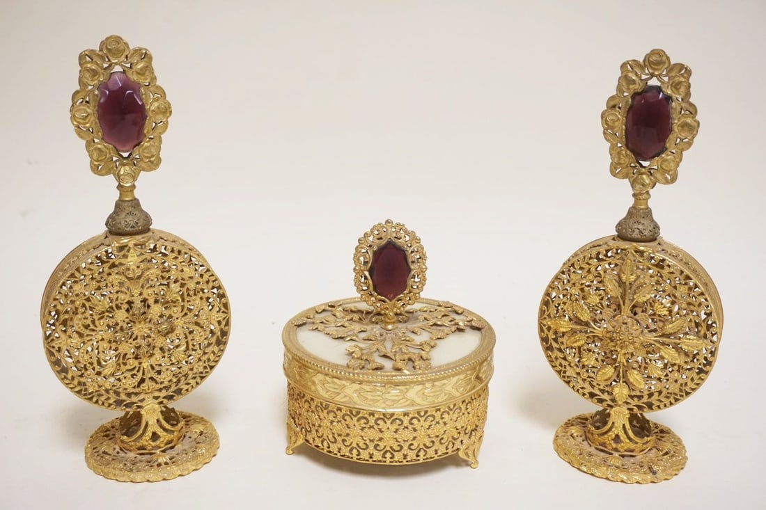 3 PIECE GILT METAL FILIGREE DRESSER BOX & PERFUMES (1 of 7)