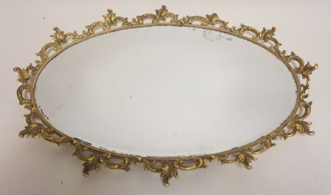 GILT METAL MIRRORED LADY'S DRESSER TRAY: GILT METAL MIRRORED LADY'S DRESSER TRAY, SOME LOSS TO SILVERING, APPROXIMATELY 17 IN X 23 IN