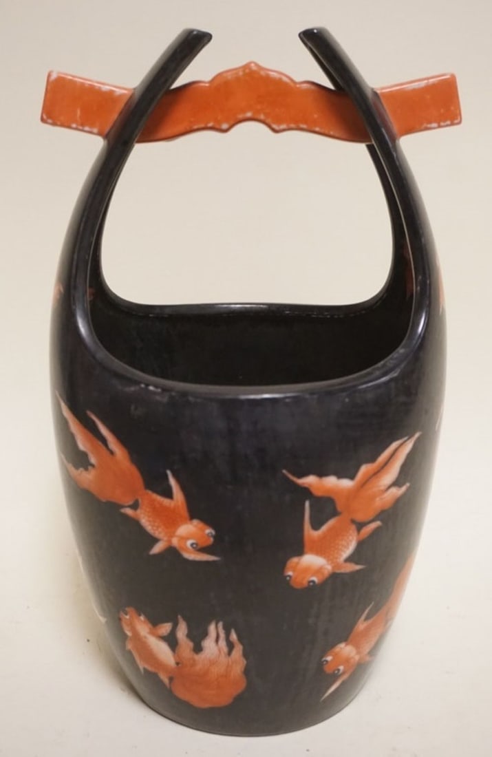 CHINESE PORCELAIN BASKET: CHINESE PORCELAIN BASKET WITH IMAGES OF KOI FISH TROUGHOUT, APPROXIMATELY 13 IN H