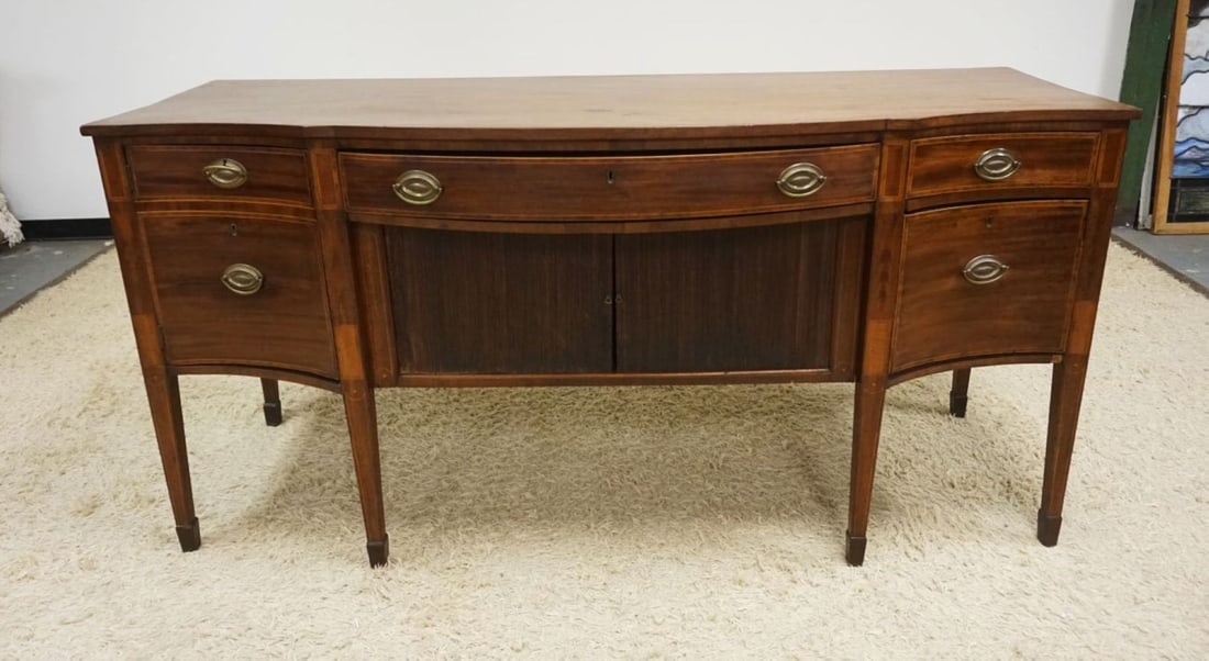 ANITQUE MAHOGANY ENGLISH SIDEBOARD: ANITQUE MAHOGANY ENGLISH SIDEBOARD HAVING 5 DRAWERS & TAMBOR SLIDE CENTER, BANDED INLAID DRAWERS, TAMBOR GUIDES IN NEED OF REPAIR, SPLITS ON BOTH SIDES, APPROXIMATELY 78 IN X 29 IN X 38 IN HIGH