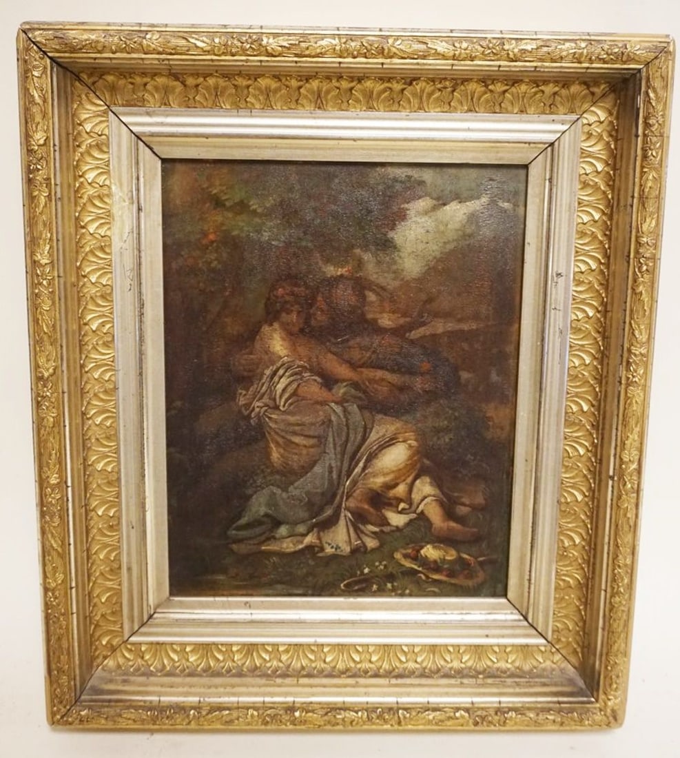 OIL PAINTING ON BOARD, COURTING SCENE: OIL PAINTING ON BOARD, MAN & WOMAN COURTING SCENE IN FOREST, APPROXIMATELY 12 1/2 IN X 15 IN OVERALL, IMAGE APPROXIMATELY 7 1/2 IN X 9 1/2 IN