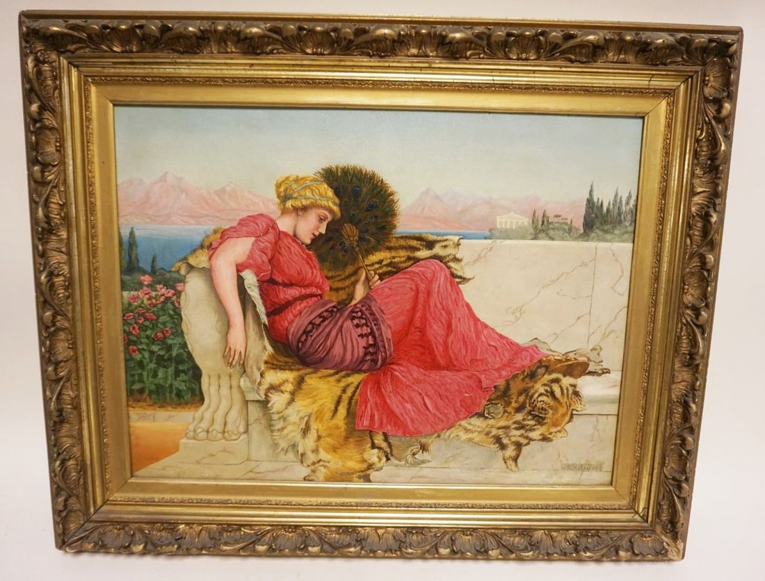 OIL PAINTING ON CANVAS, RECLINING WOMAN: OIL PAINTING ON CANVAS OF WOMAN RECLINING ON A BENCH W/LION PELT, SIGNED G.M. MASSEY, APPROXIMATELY 26 IN X 32 IN OVERALL, IMAGE APPROXIMATELY 18 IN X 24 IN