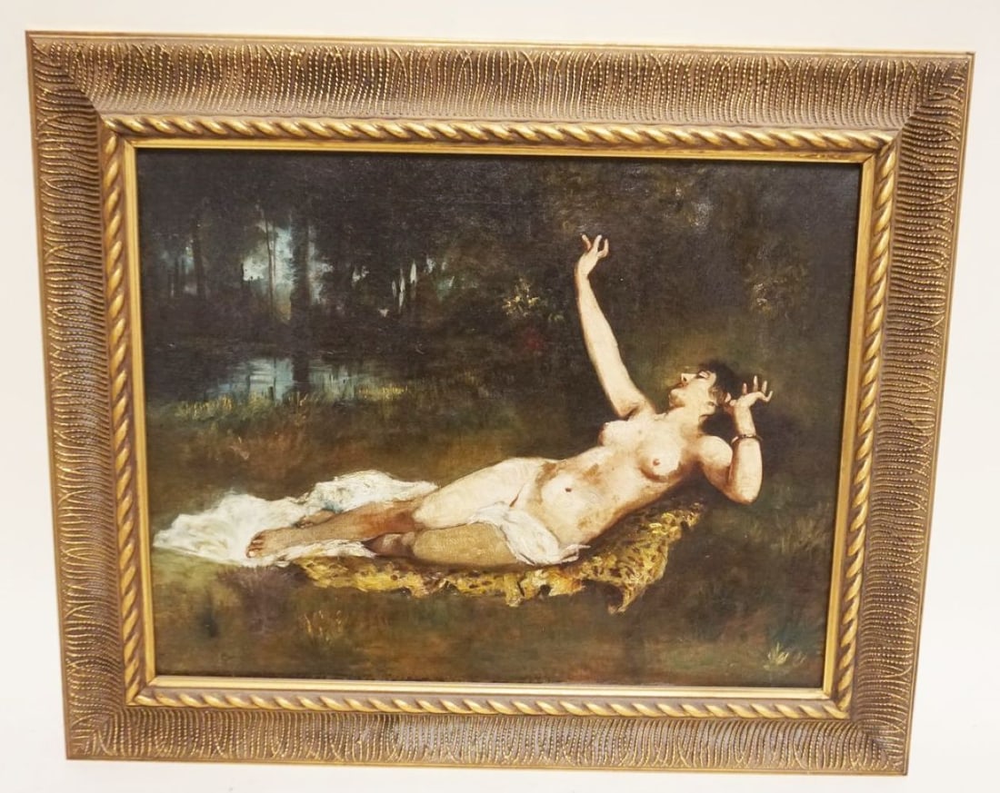 OIL PAINTING ON CANVAS, NUDE WOMAN: OIL PAINTING ON CANVAS NUDE WOMAN LYING IN FORREST, APPROXIMATELY 23 IN X 19 IN OVERALL, IMAGE APPROXIMATELY 17 IN X 13 IN