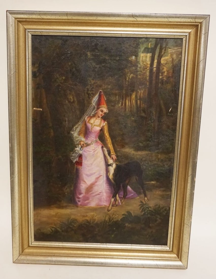 OIL PAINTING ON CANVAS, PRINCESS: OIL PAINTING ON CANVAS OF PRINCESS WALKING W/DOG IN FORREST, ARTIST SIGNED LOWER RIGHT, SOME SCRATCHES & PAINT LOSS, ANNOTATED ON BACK, APPROXIMATELY 18 IN X 25 IN OVERALL, IMAGE APPROXIMATELY 13 IN X
