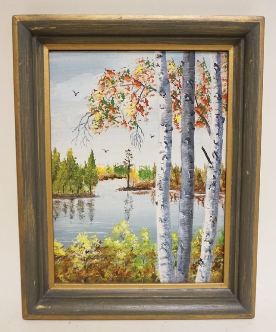 OIL PAINTING ON BOARD, BIRCH TREES: OIL PAINTING ON BOARD LANDSCAPE BIRCH TREES, APPROXIMATELY 12 IN X 15 IN OVERALL, IMAGE APPROXIMATELY 9 IN X 12 IN
