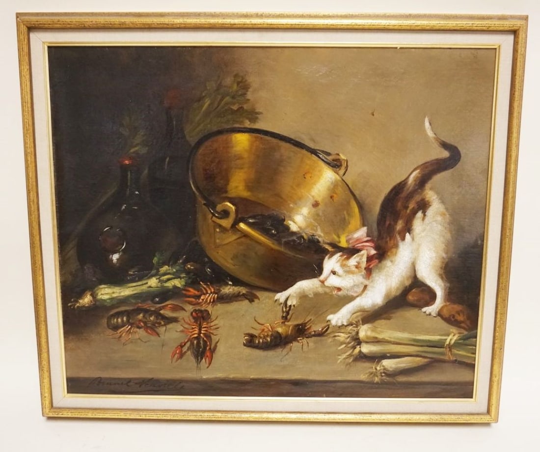 OIL PAINTING ON CANVAS KITTEN: OIL PAINTING ON CANVAS KITTEN W/BOW COLLAR CAUGHT W/LOBSTERS, ARTIST SIGNED LOWER LEFT, APPROXIMATELY 25 IN X 29 IN OVERALL, IMAGE APPROXIMATELY 25 IN X 21 IN