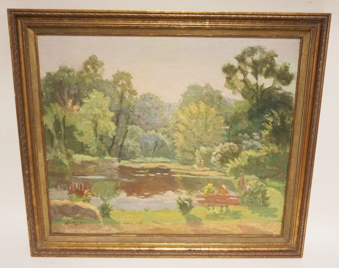 OIL PAINTING ON CANVAS LANDSCAPE: OIL PAINTING ON CANVAS LANDSCAPE, COUPLE SITTING ON BENCH NEAR EDGE OF A POND, ARTIST SIGNED LOWER LEFT, APPROXIMATELY 28 IN X 24 IN OVERALL, IMAGE APPROXIMATELY 24 IN X 20 IN