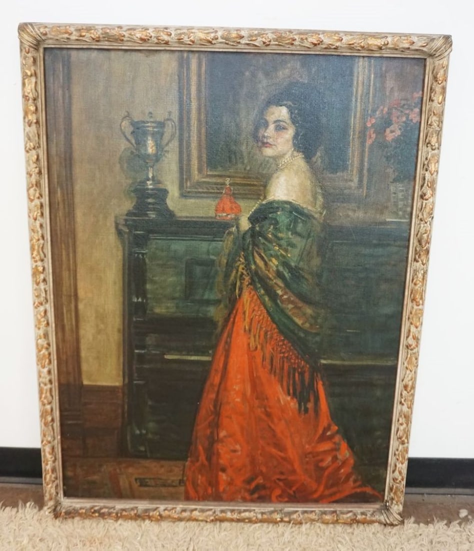 OIL PAINTING ON CANAS PORTRAIT OF WOMAN: OIL PAINTING ON CANAS PORTRAIT OF WOMAN WEARING A SHAW IN FRONT OF A PIANO, ARTIST SIGNED, APPROXIMATELY 33 IN X 43 IN OVERALL, IMAGE APPROXIMATELY 30 IN X 40 IN