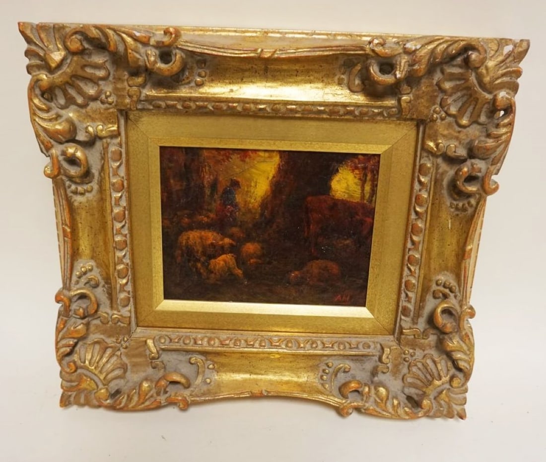 OIL PAINTING ON CANVAS HENRY HAMMIND: OIL PAINTING ON CANVAS HENRY HAMMIND AHL SHEEP & COW IN WOODED AREA, ARTIST SIGNED LOWER RIGHT, APPROXIMATELY 15 IN X 17 IN OVERALL, IMAGE APPROXIMATELY 8 1/2 IN X 6 1/2 IN