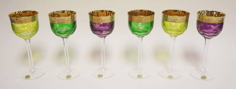 6 MOSER BOHEMIAN GOBLETS: 6 MOSER BOHEMIAN 8 INCH GOBLETS, WHEEL CUT W/IMAGES OF FLYING BIRDS, HAVING GILT RIMS