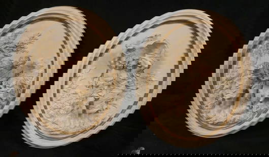 PAIR OF ITALIAN OVAL PLASTER WALL PLAQUES: PAIR OF ITALIAN OVAL PLASTER WALL PLAQUES, 3 DIMENTIONAL, DEPICTING CLASSICAL SCENES, EACH APPROXIMATELY 17 IN X 13 IN