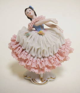 DRESDEN LACE FIGURE: DRESDEN LACE FIGURE OF WOMAN DANCING, APPROXIMATELY 5 IN HIGH