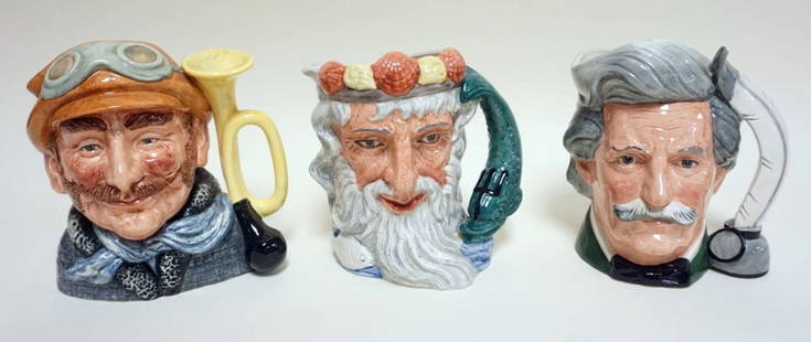 3 ROYAL DOULTON TOBIES: 3 ROYAL DOULTON TOBIES, VETERAN MOTORIST, NEPTUNE, MARK TWAIN, TALLEST APPROXIMATELY 9 IN