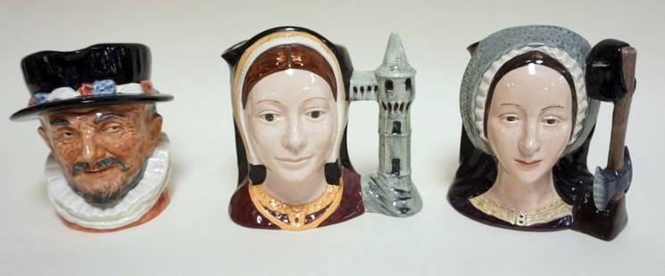 3 ROYAL DOULTON TOBIES: 3 ROYAL DOULTON TOBIES, ANNE BOLEYN, CATHERINE OF ARAGON, BEEF EATER, TALLEST APPROXIMATELY 7 3/4 IN