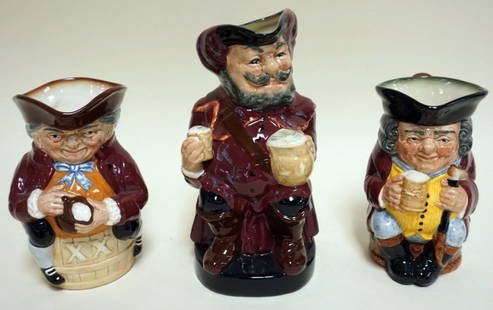 3 ROYAL DOULTON TOBIES: 3 ROYAL DOULTON TOBIES, SIR JOHN FALSTAFF, TOBY, JOLLY TOBY, TALLEST APPROXIMATELY 8 1/4 IN