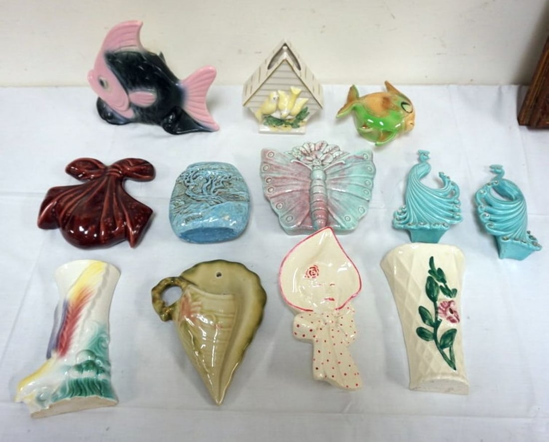 GROUP OF 12 ASSORTED POTTERY FLORAL WALL POCKETS (1 of 4)
