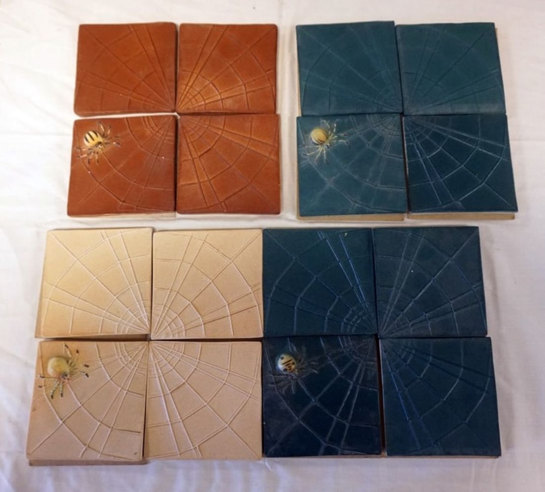 NATALIE SURVING ARCHITECTURAL TILES: NATALIE SURVING ARCHITECTURAL TILES, SURVING STUDIOS, SPIDER WITH WEBBING, EACH APPROXIMATELY 4 IN X 4 IN, 16 TILES